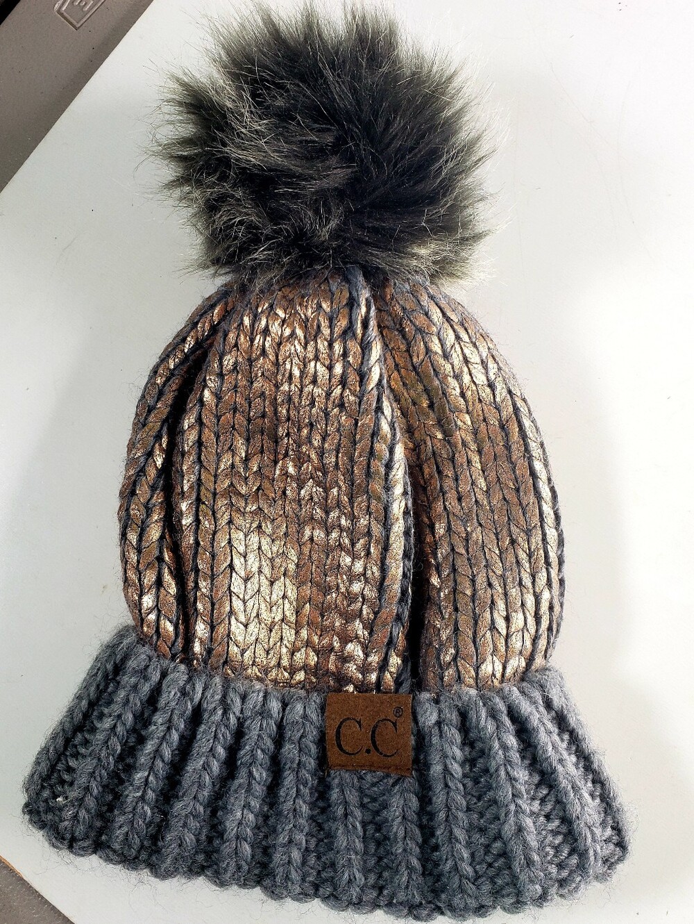 C.C Metallic Knit Beanie Faux Fur Pompom Bronze Grey Fall Winter Outdoor Hikes